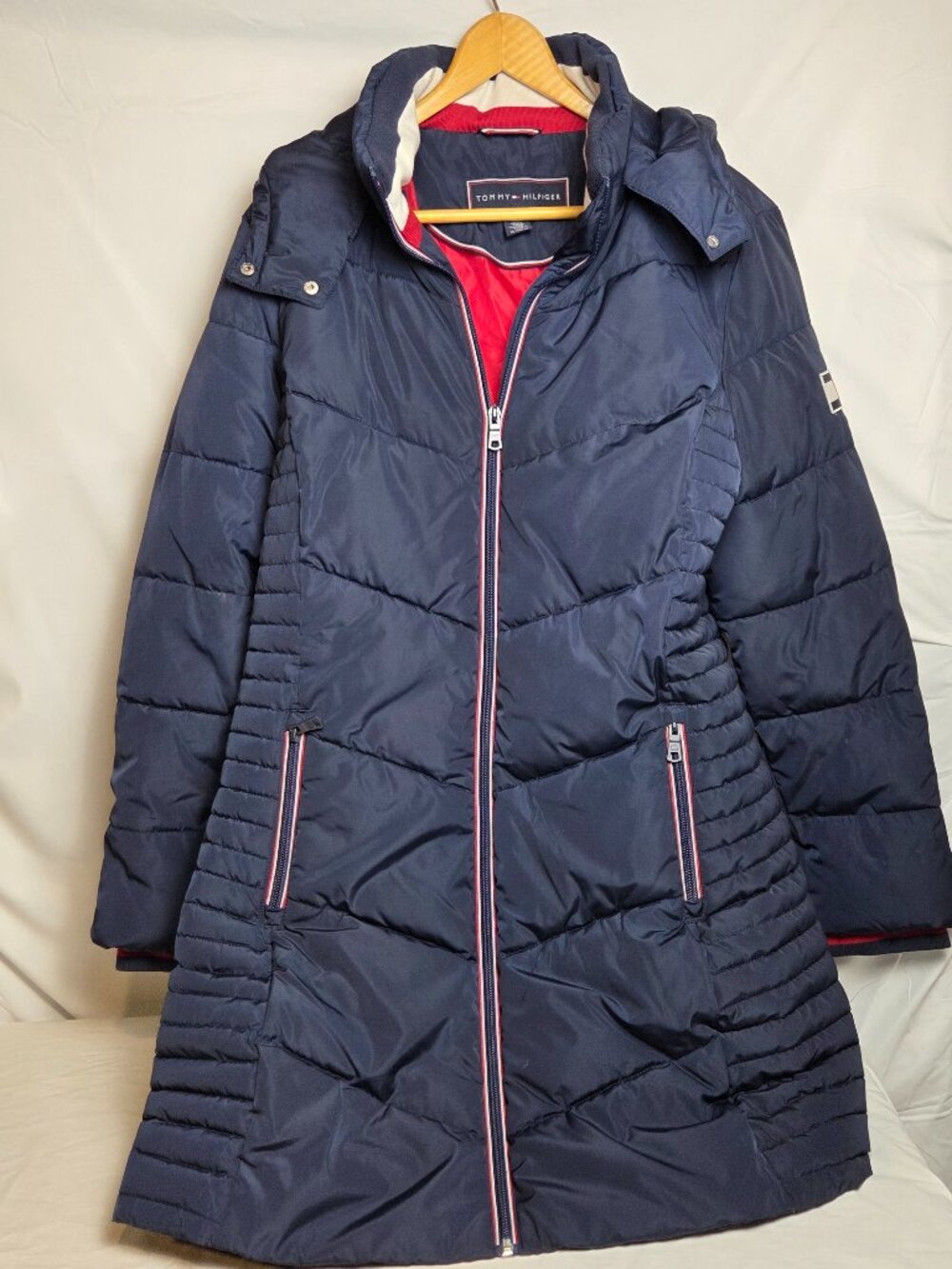 Tommy Hilfiger Women's XL Navy Blue Hooded Puffer Jacket Full Zip Quilted Coat